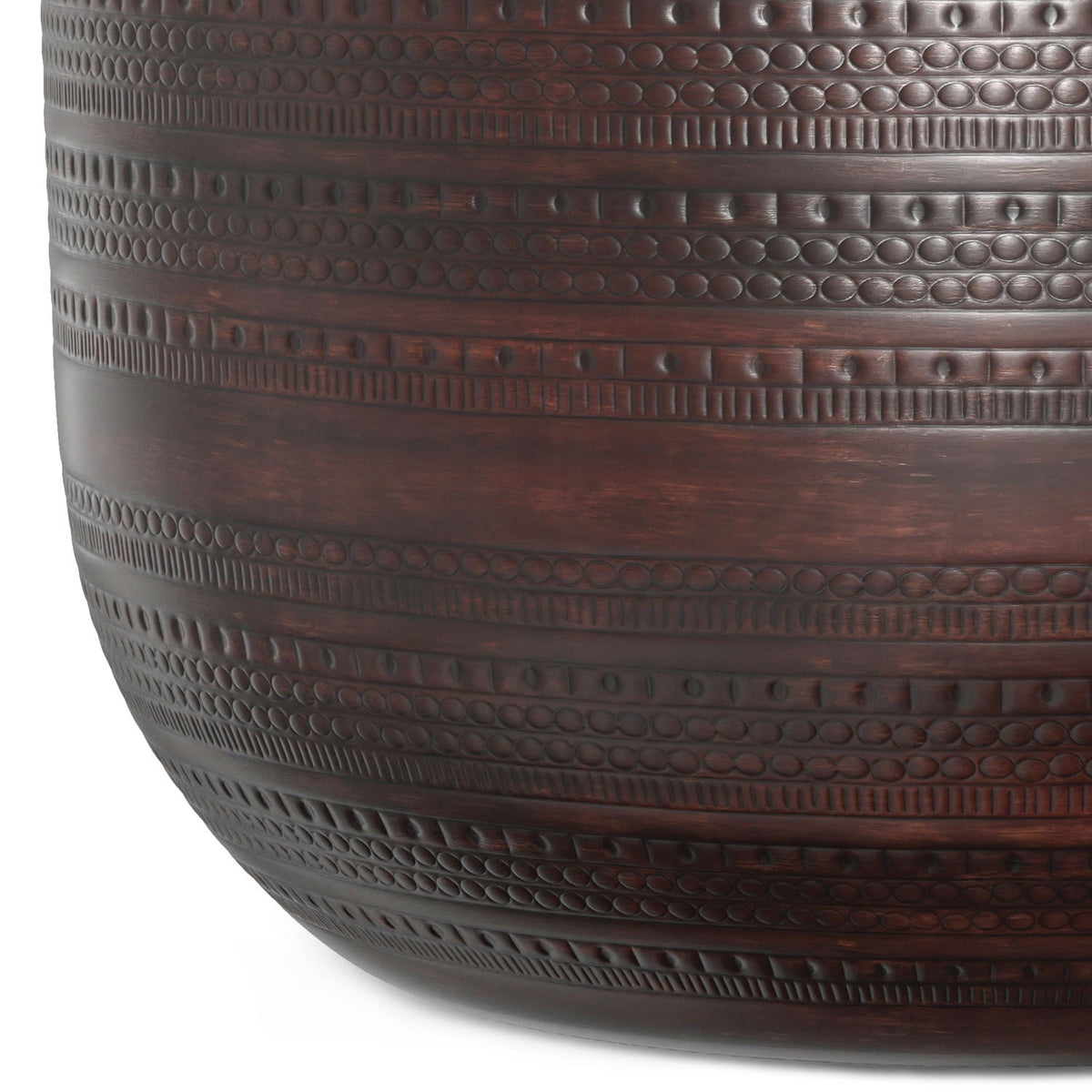 Handcrafted metal coffee table with textured dotted bands in dark brown finish on Tampa Home & Garden Store