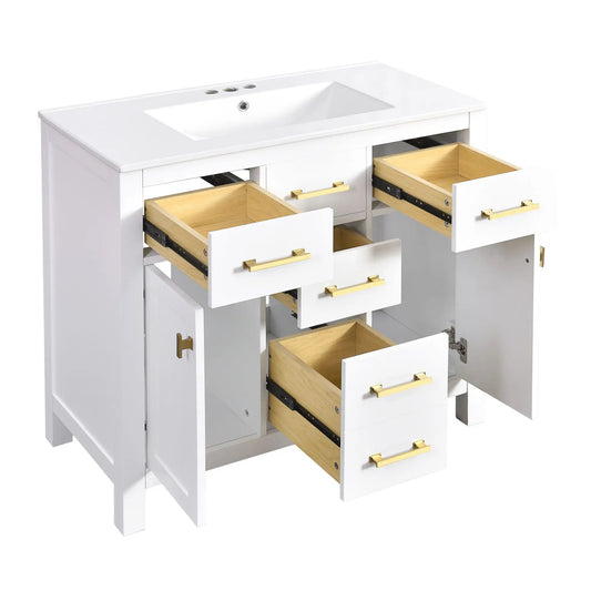 Modern white bathroom vanity with sink, 4 drawers, gold hardware, Unique Piece Furniture on Tampa Home & Garden Store