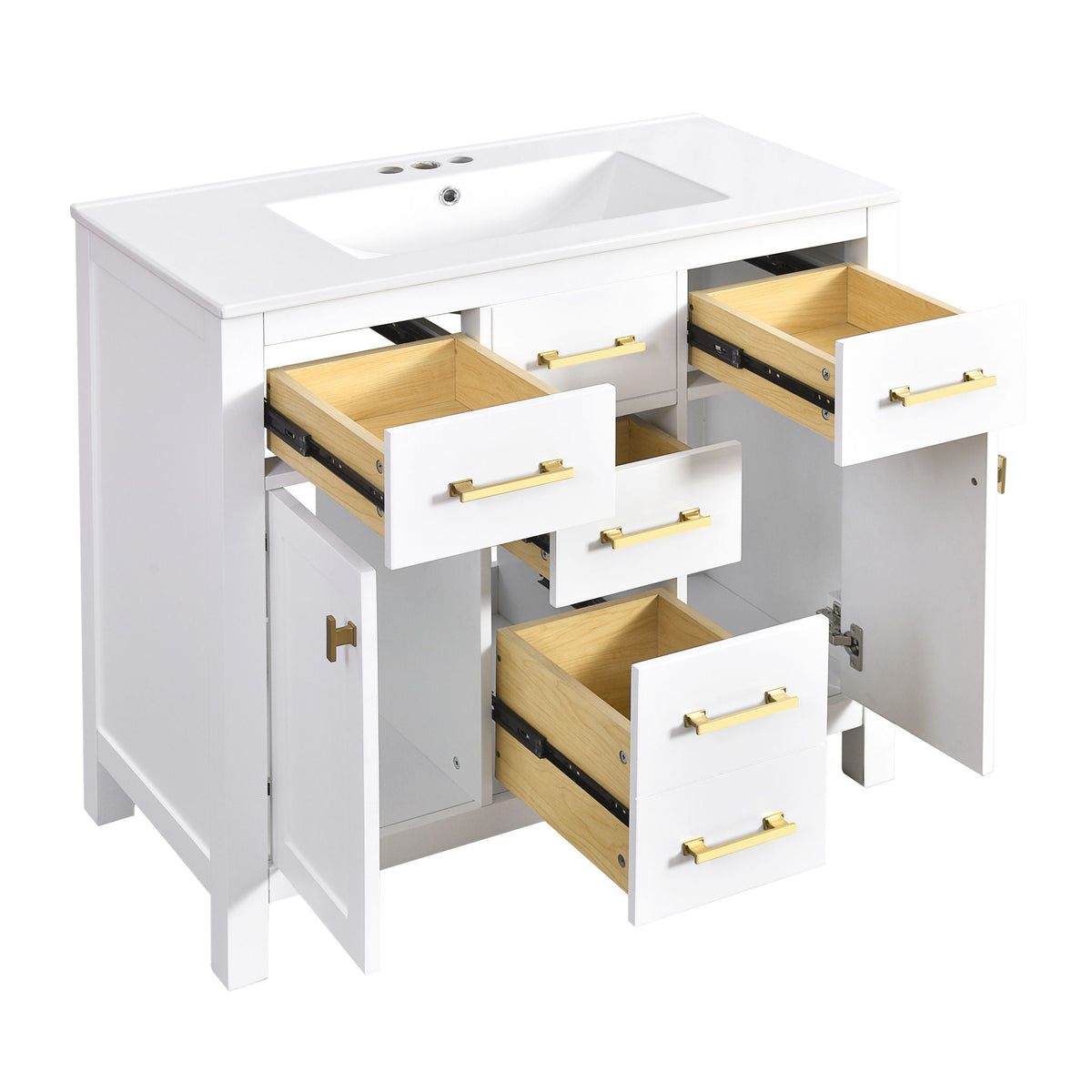 Modern white vanity with 36in resin sink, 4-drawer storage, gold handles on Tampa Home & Garden Store