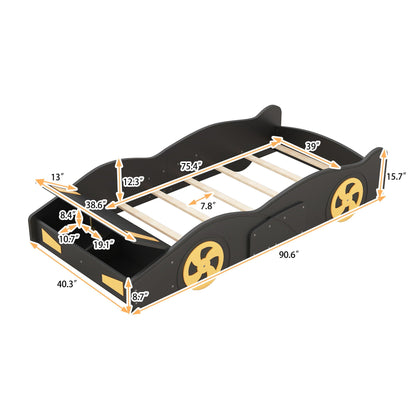 Race car shaped platform bed with wheels and storage, black frame, wooden slats on Tampa Home & Garden Store