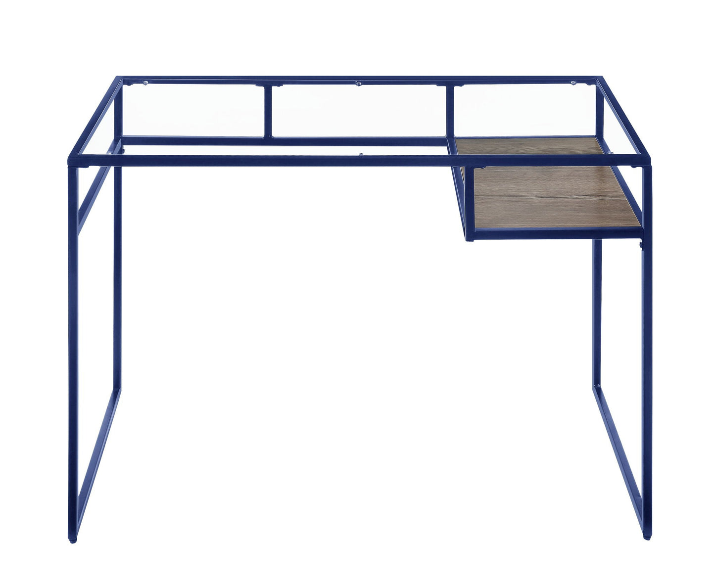 Yasin Glass Top Writing Desk blue metal frame with glass top and wood shelf by HouseOfZazla on Tampa Home & Garden Store