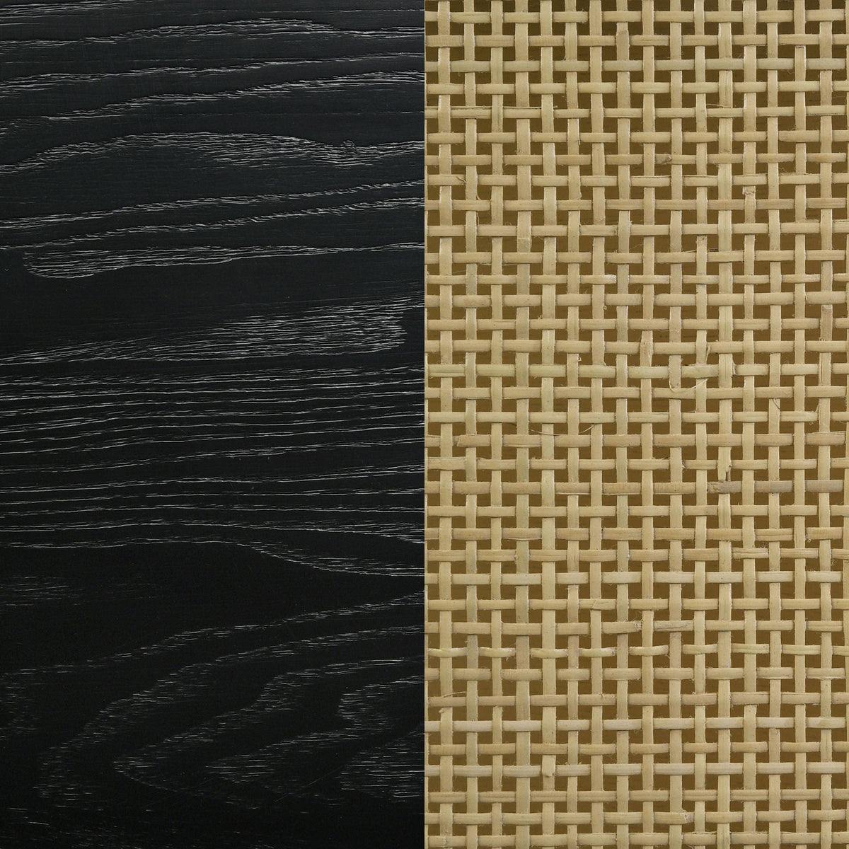 Anser bed panel frame close-up showing black wood grain and beige woven rattan textures on Tampa Home & Garden Store
