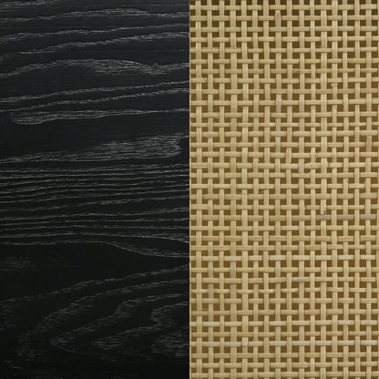 Anser bed panel frame close-up showing black wood grain and beige woven rattan textures on Tampa Home & Garden Store