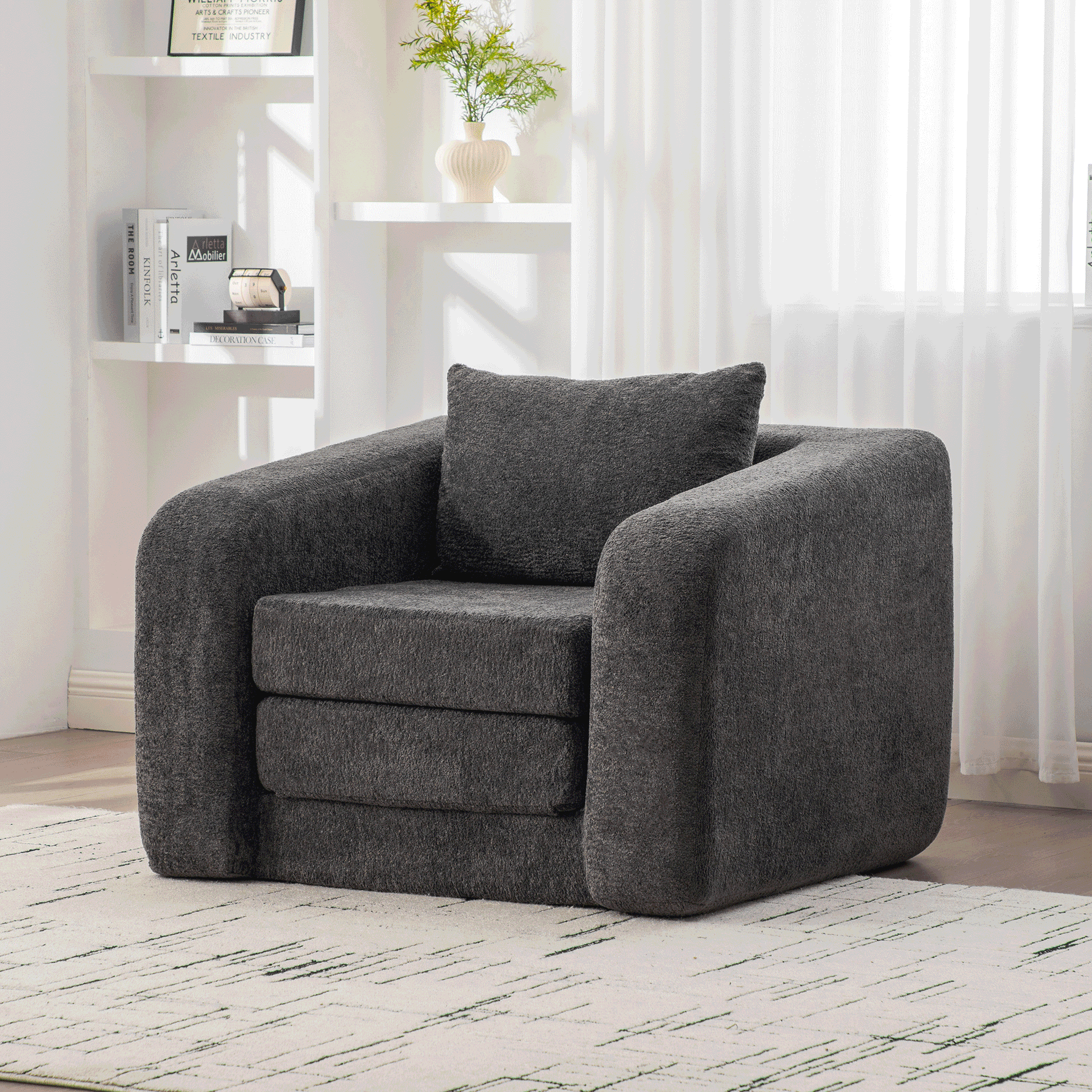 Foldable single sleeper chair in dark gray chenille with armrests and backrest on Tampa Home & Garden Store
