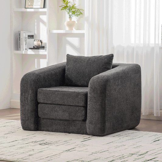 Foldable single sleeper chair in dark gray chenille with armrests and backrest on Tampa Home & Garden Store
