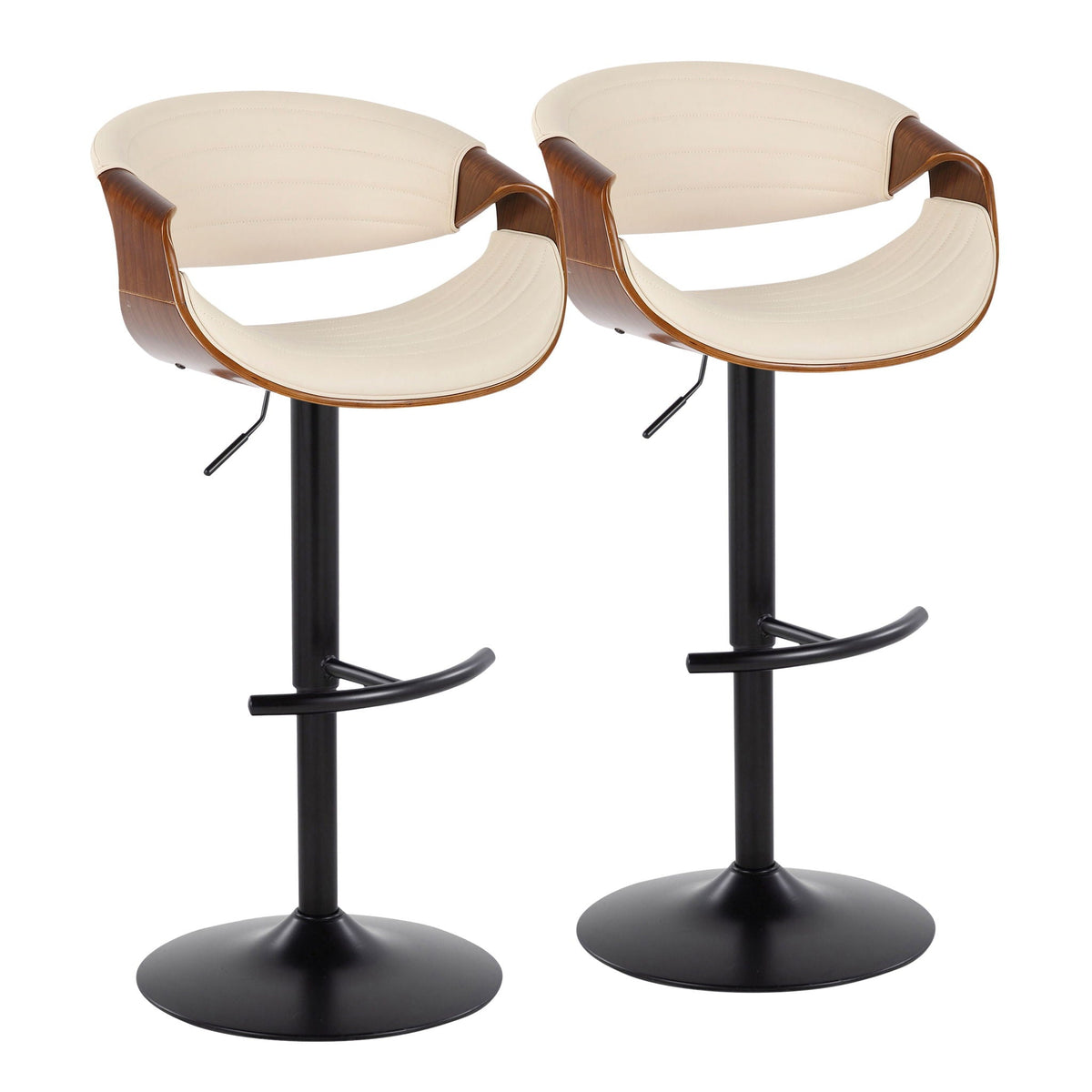 Symphony mid-century modern adjustable barstool set with swivel beige seats, wood arms; pair on Tampa Home & Garden Store