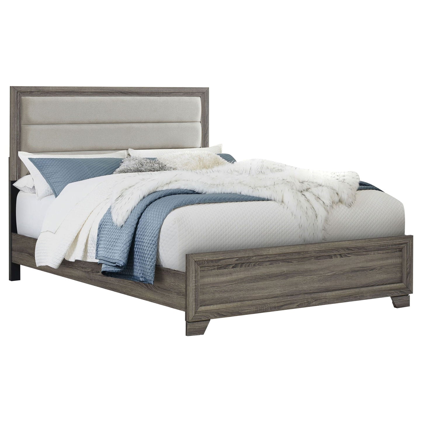 Funston Queen Bed Brown Oak with padded beige upholstered headboard panels by HouseOfZazla on Tampa Home & Garden Store