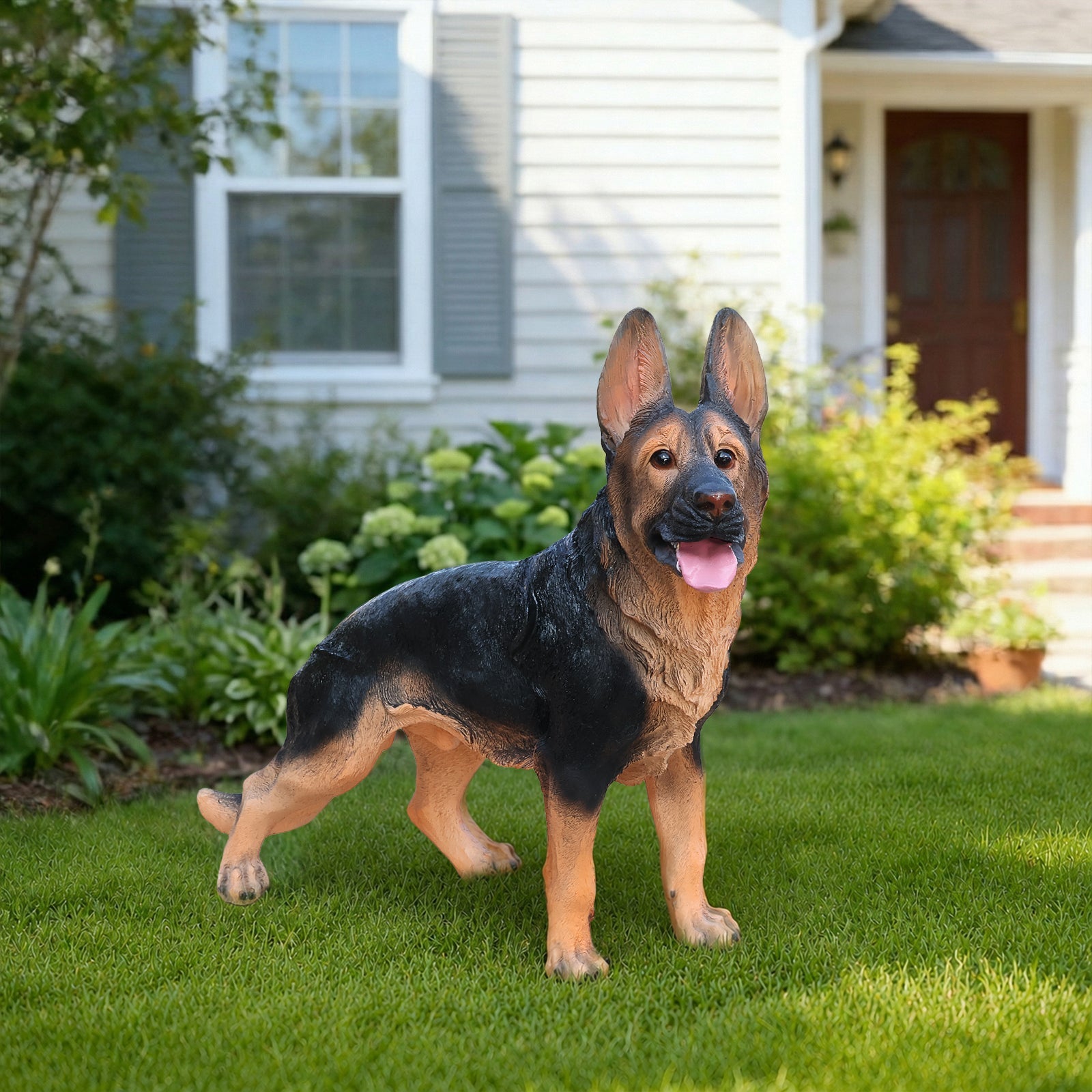 Outdoor German Shepherd statue by HouseOfZazla, black and tan garden sculpture on Tampa Home & Garden Store