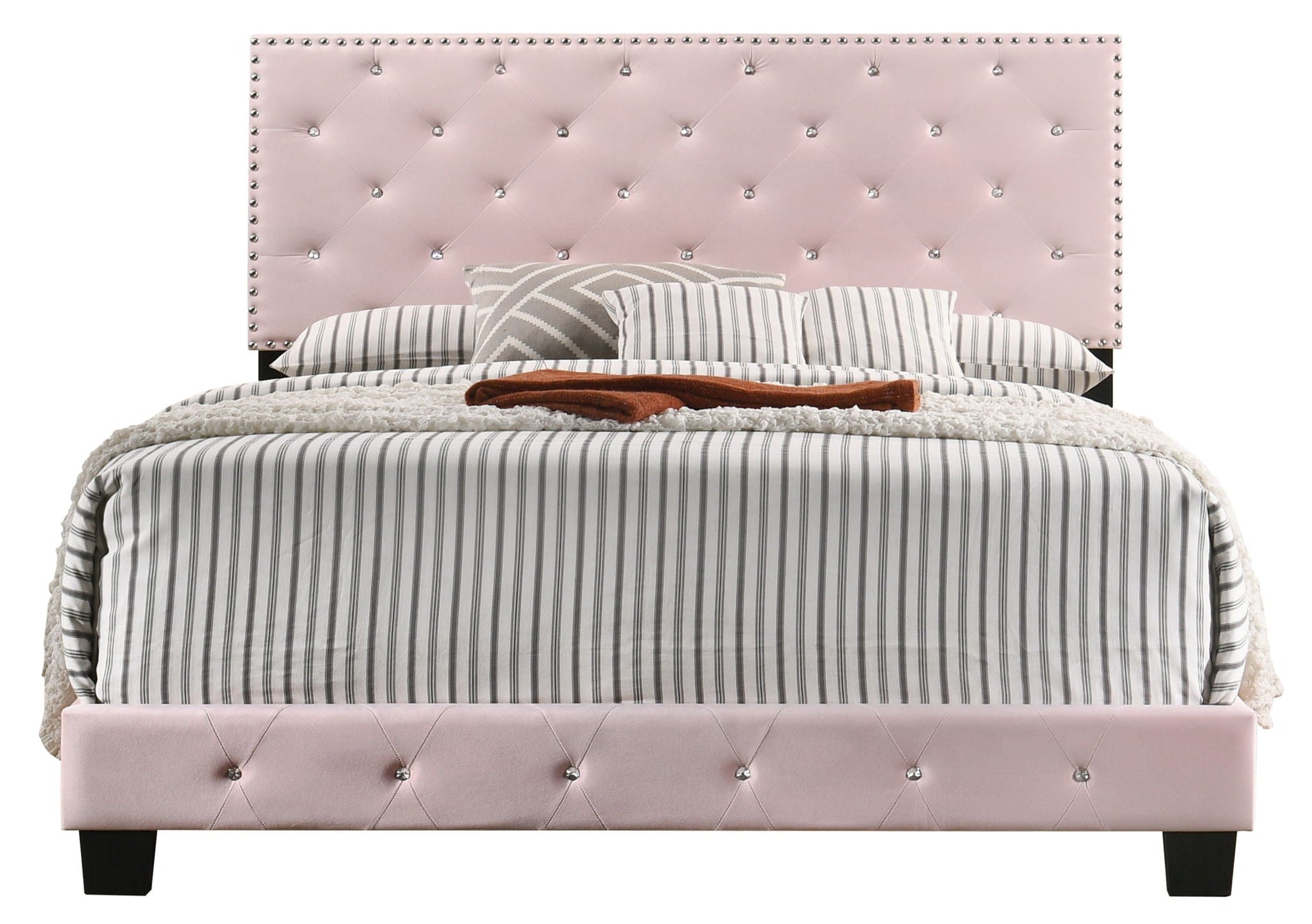 Upholstered bed pink tufted headboard crystal studs striped bedding HouseOfZazla on Tampa Home & Garden Store