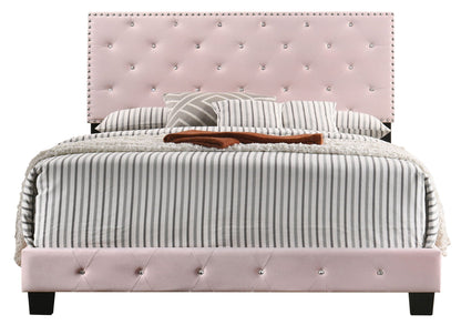 Upholstered bed pink tufted headboard crystal studs striped bedding HouseOfZazla on Tampa Home & Garden Store