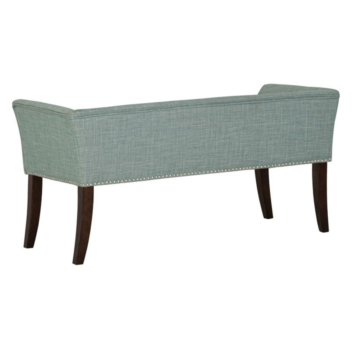Welburn Upholstered Bench with blue fabric, low back, flared arms, dark wood legs on Tampa Home & Garden Store