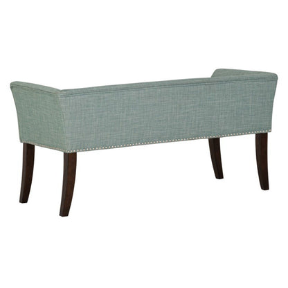 Welburn Upholstered Bench with blue fabric, low back, flared arms, dark wood legs on Tampa Home & Garden Store