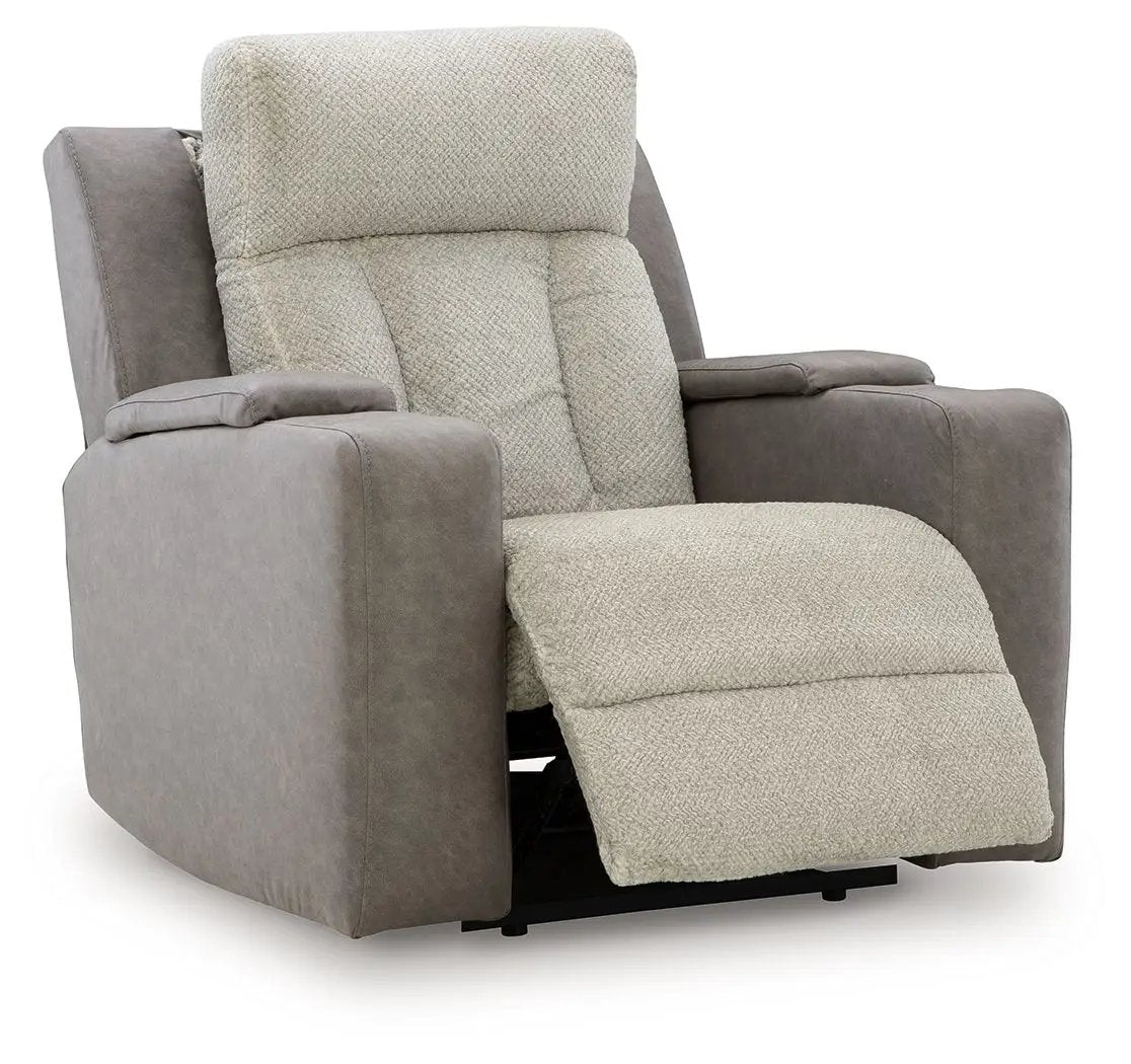 WhipLash power recliner with adjustable headrest in sisal beige fabric, taupe sides on Tampa Home & Garden Store