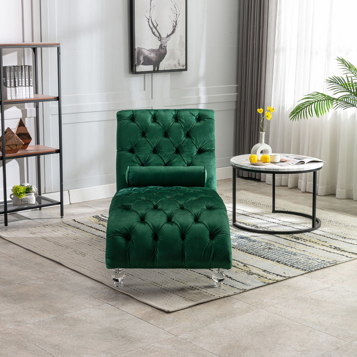 Emerald green velvet button-tufted chaise lounge with pillow by HouseOfZazla on Tampa Home & Garden Store