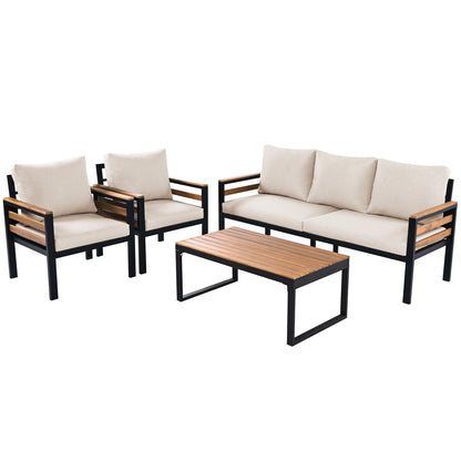 Go 4-Piece Outdoor Furniture Sofa Set HouseOfZazla beige cushions black metal frame wood arms on Tampa Home & Garden Store