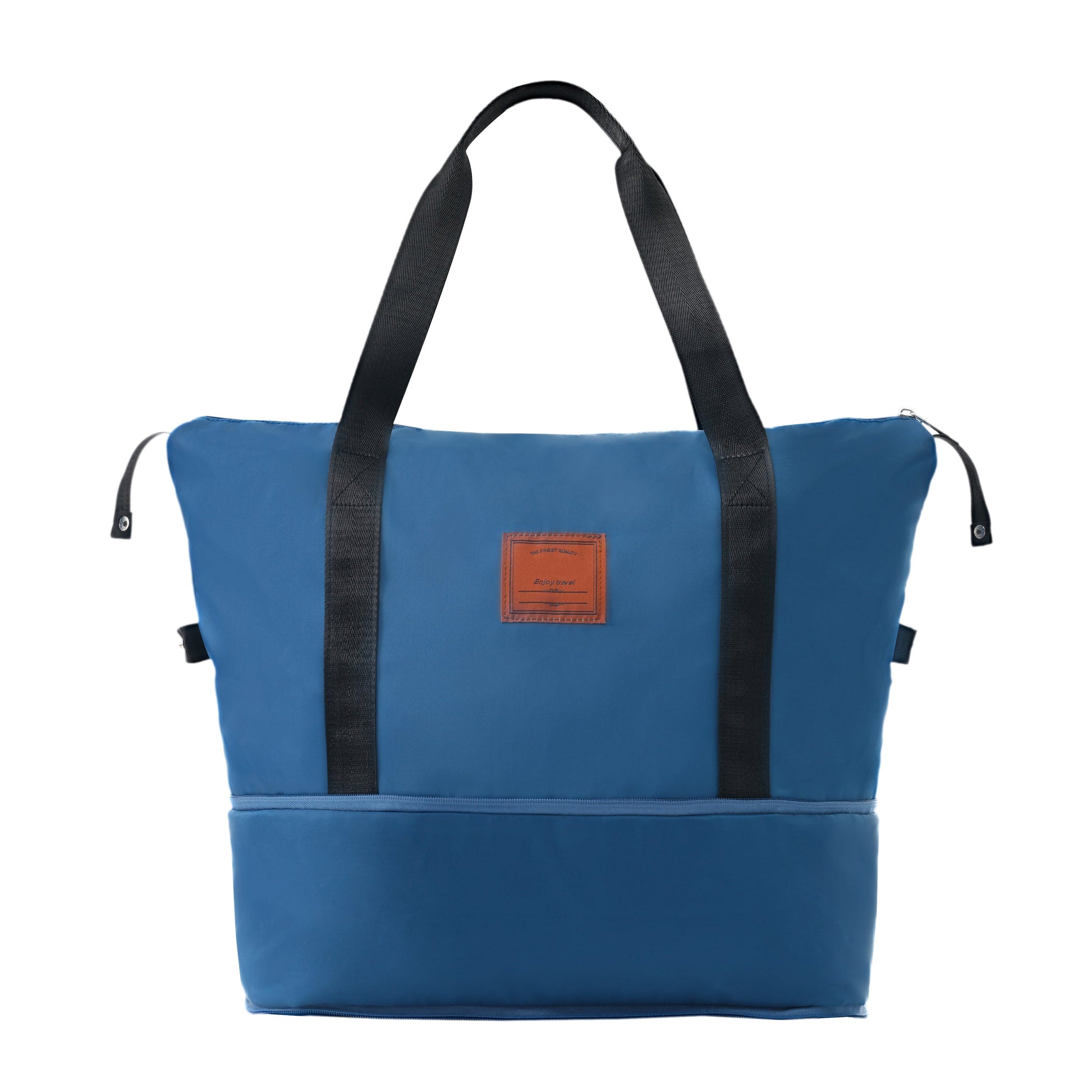 Blue fabric duffel bag with black webbing straps and brown leather patch by HouseOfZazla on Tampa Home & Garden Store