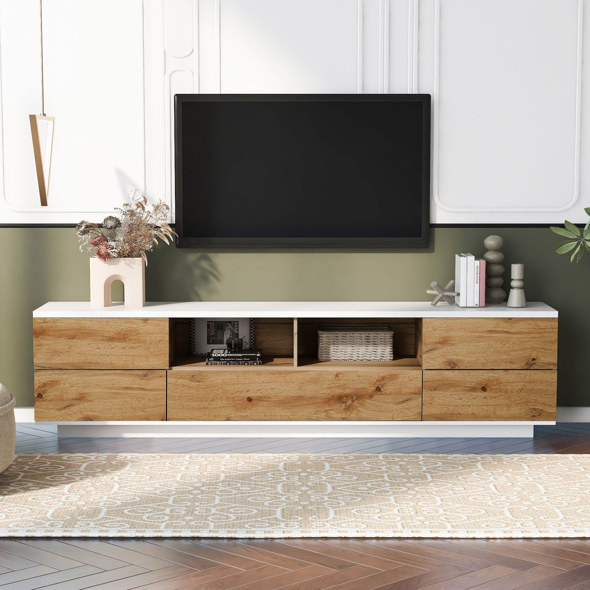 TV Stand by HouseOfZazla in light brown wood with deep drawers and cable management on Tampa Home & Garden Store