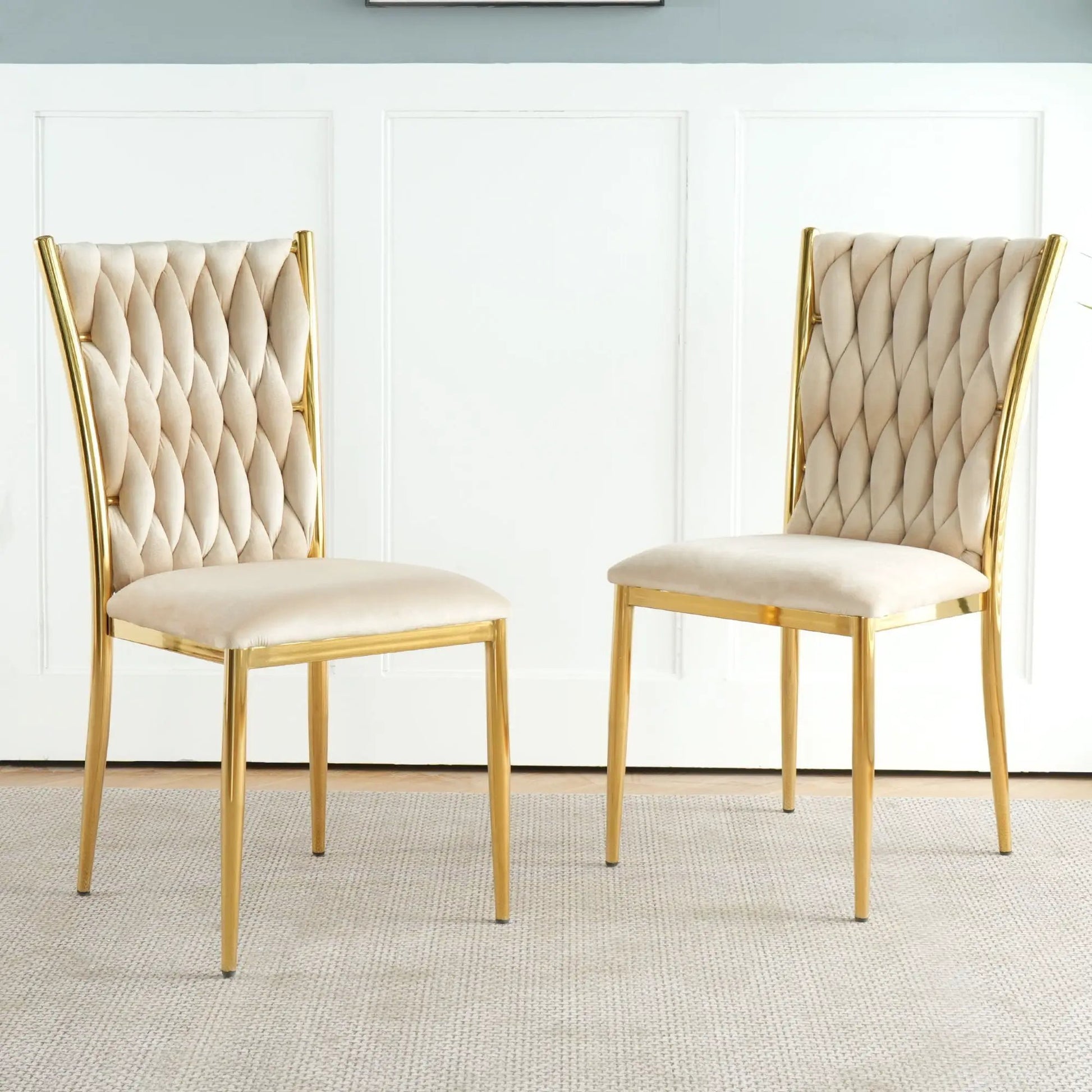 Modern dining chair set with tufted beige upholstery and gold legs, 2 chairs on Tampa Home & Garden Store