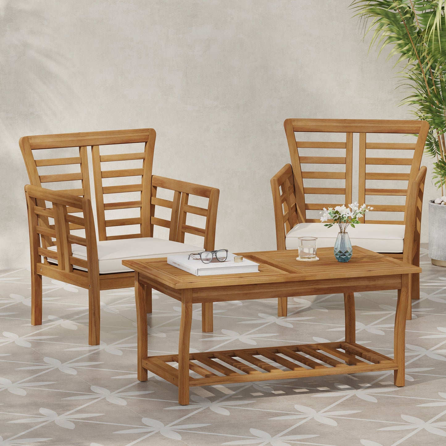 Caydon 2 Club Chairs + Table outdoor set by HouseOfZazla in natural wood with white cushions on Tampa Home & Garden Store