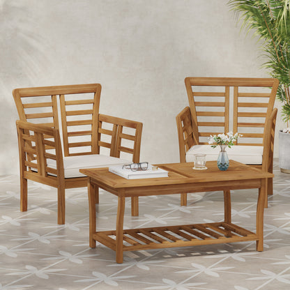 Caydon 2 Club Chairs + Table outdoor set by HouseOfZazla in natural wood with white cushions on Tampa Home & Garden Store