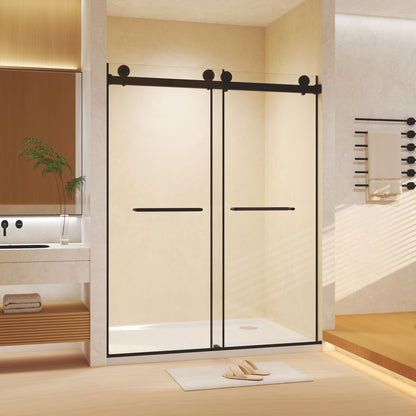 Frameless double sliding shower door with tempered glass and black hardware on Tampa Home & Garden Store