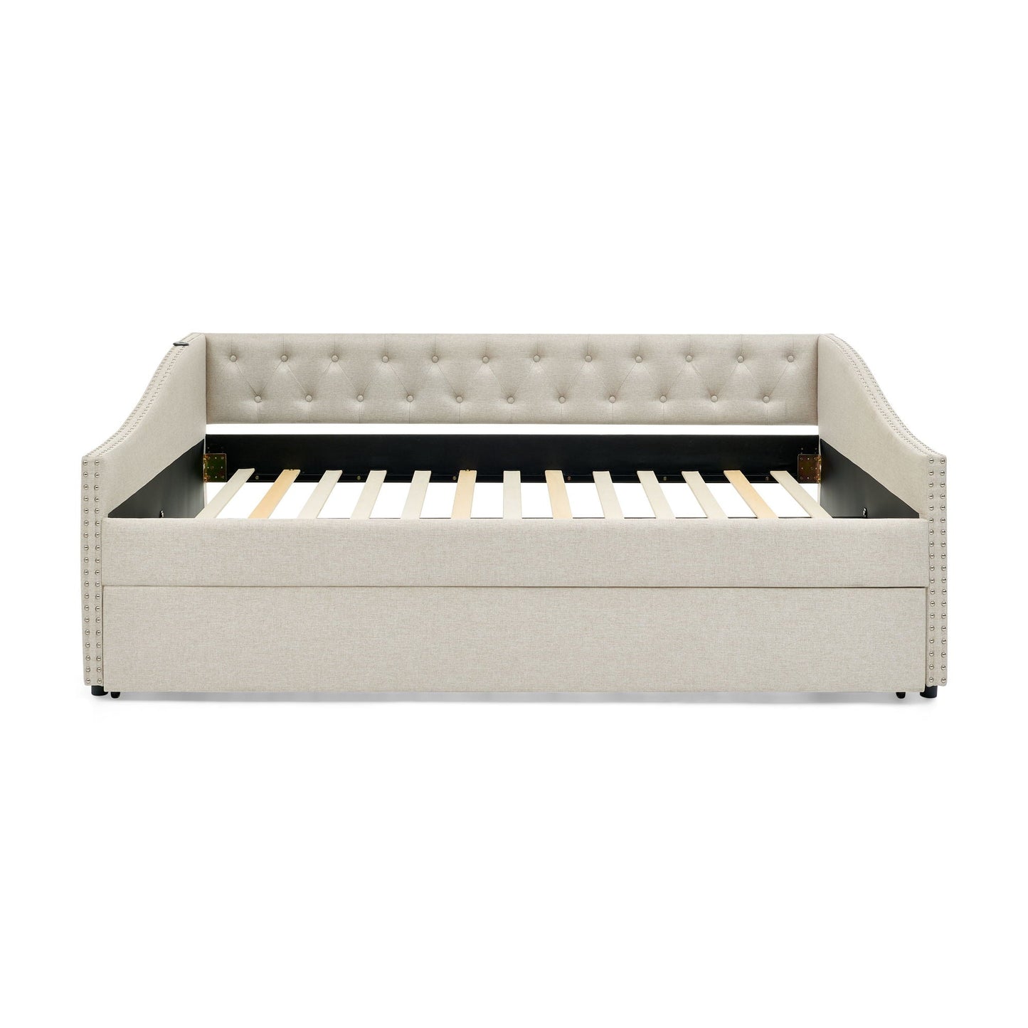 Beige upholstered daybed with USB charging, tufted back, nailhead trim and pull-out trundle on Tampa Home & Garden Store