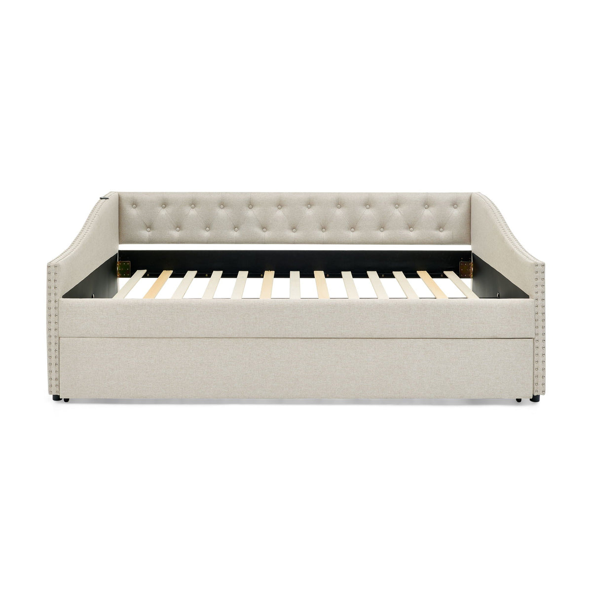 Beige upholstered daybed with USB charging, tufted back, nailhead trim and pull-out trundle on Tampa Home & Garden Store