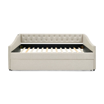 Beige upholstered daybed with USB charging, tufted back, nailhead trim and pull-out trundle on Tampa Home & Garden Store