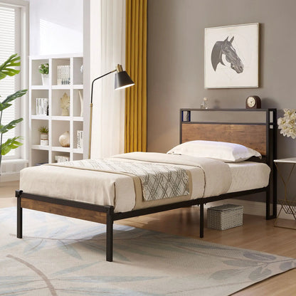 Two platform bed frames with wooden headboards and footboards, USB liner, black metal frame on Tampa Home & Garden Store