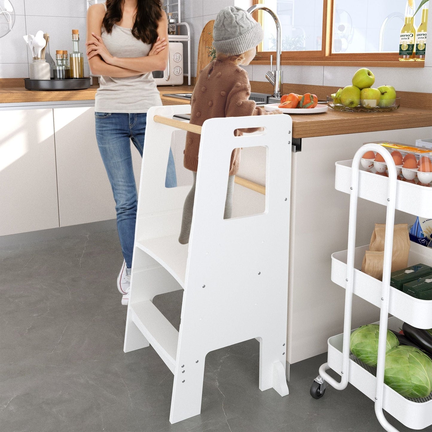 Standing Tower white adjustable-height toddler kitchen stool by HouseOfZazla on Tampa Home & Garden Store
