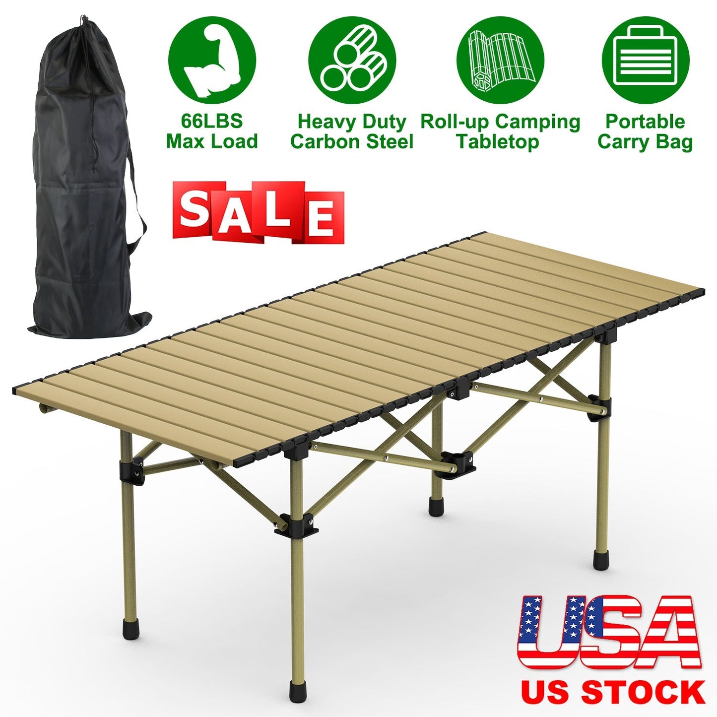 GemGear folding camping table with beige slats and carbon steel frame carry bag on Tampa Home & Garden Store