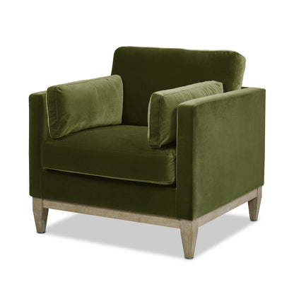 Modern Farmhouse Arm Chair by HouseOfZazla, green velvet, wooden legs, reversible cushions on Tampa Home & Garden Store