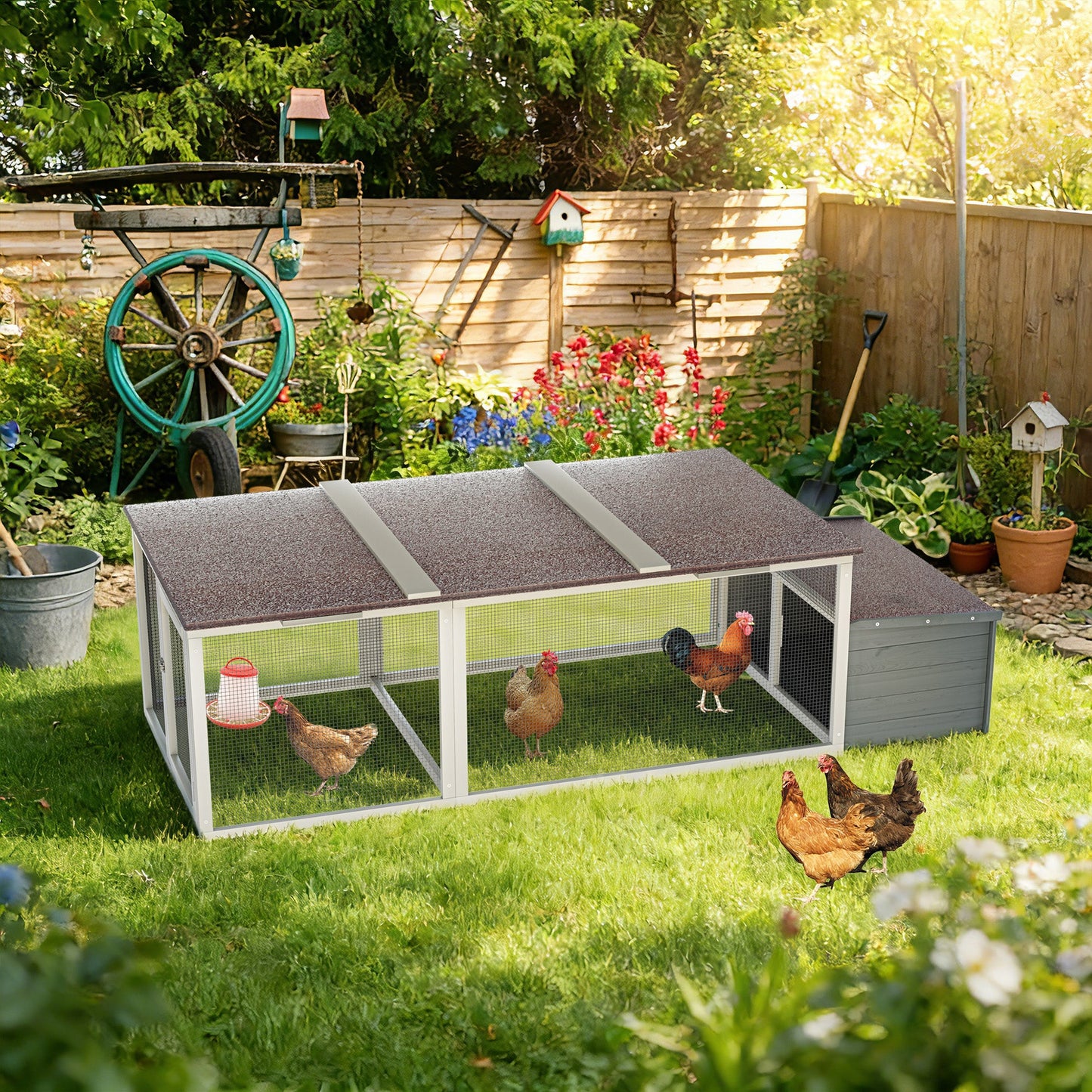 Large Chicken Coop with 20.93 Sq Ft Run, gray and white metal frame, wire mesh enclosure on Tampa Home & Garden Store