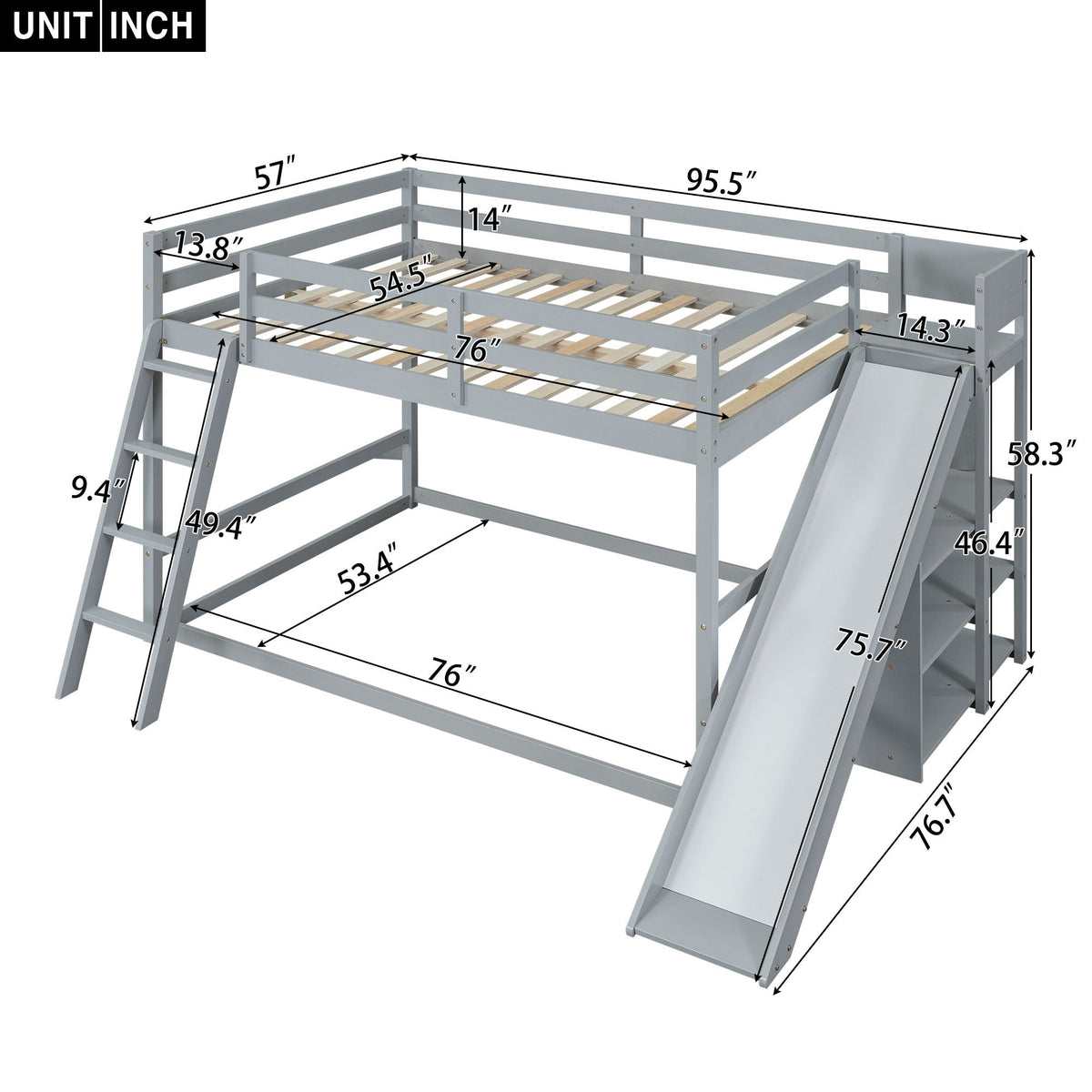Bunk bed with ladder, slide, and shelves in pine wood by HouseOfZazla, gray finish on Tampa Home & Garden Store