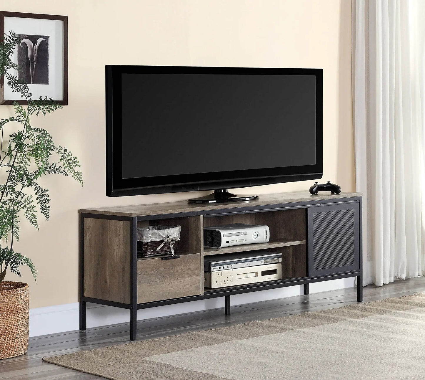 Nantan Rustic TV Stand by Unique Piece Furniture, dark wood with black metal frame, open cubbies on Tampa Home & Garden Store