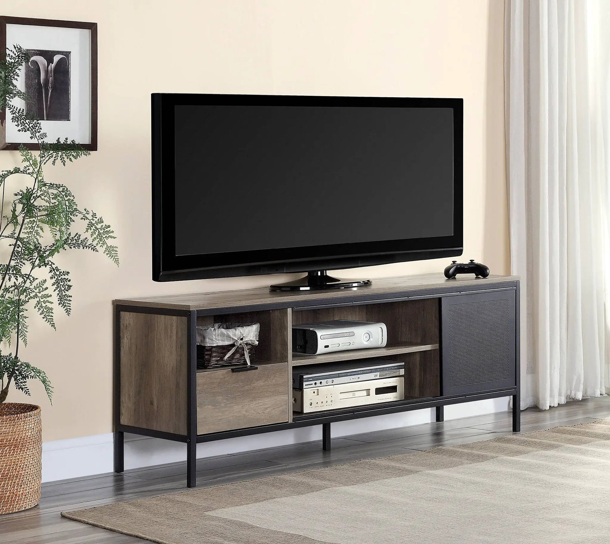 Nantan Rustic TV Stand by Unique Piece Furniture, dark wood with black metal frame, open cubbies on Tampa Home & Garden Store