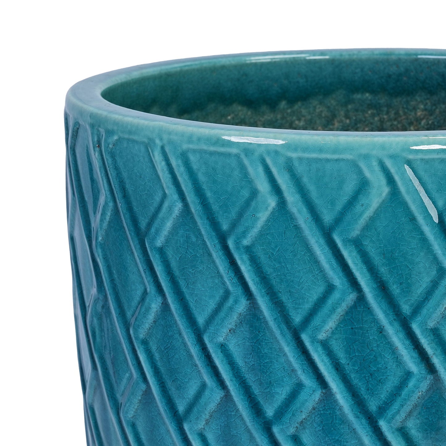 Ceramic flowerpot planter in teal glaze with crackled surface and ribbed sides for patio on Tampa Home & Garden Store