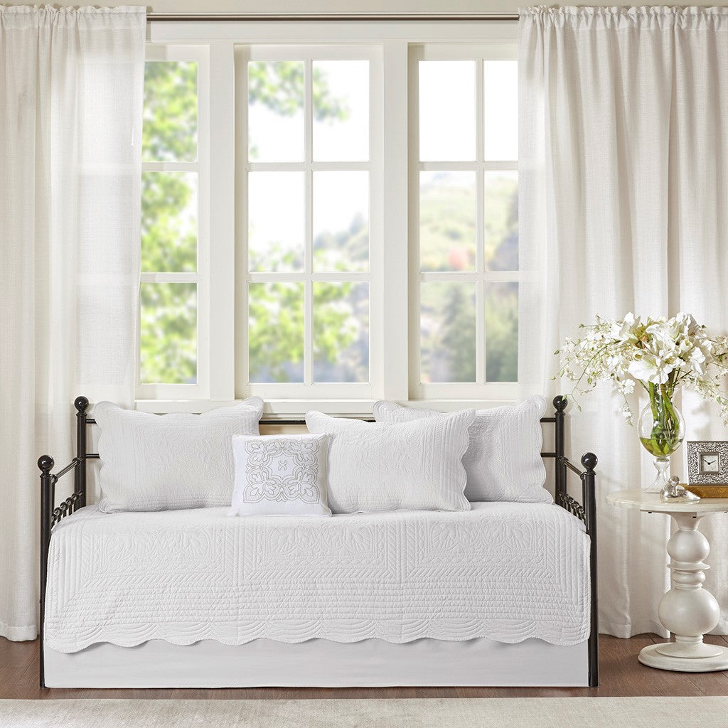 6 Piece Reversible Scalloped Daybed Cover Set white quilted bedding by HouseOfZazla on metal bed on Tampa Home & Garden Store
