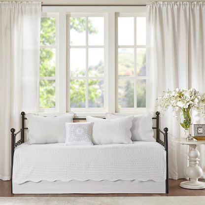 6 Piece Reversible Scalloped Daybed Cover Set white quilted bedding by HouseOfZazla on metal bed on Tampa Home & Garden Store