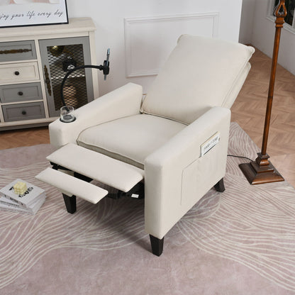 HouseOfZazla beige recliner with adjustable footrest, phone and cup holders in living room on Tampa Home & Garden Store
