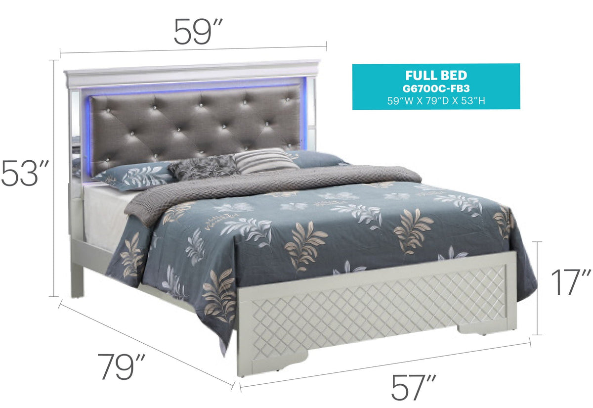 Bed with LED-lit tufted headboard in silver upholstery, 59W x 79D x 53H, HouseOfZazla on Tampa Home & Garden Store