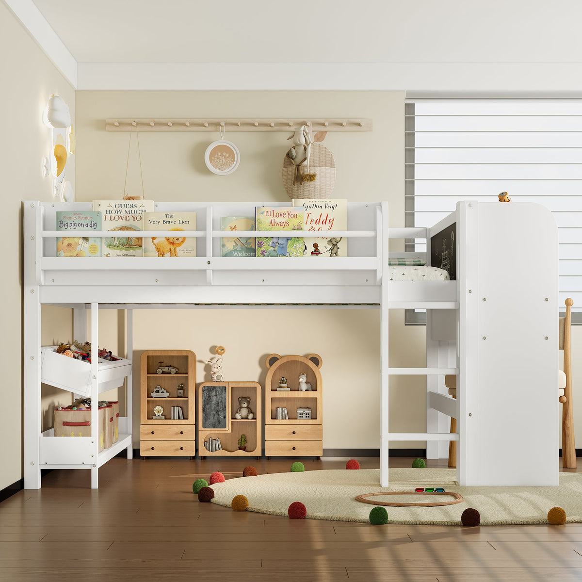 Full loft bed with multi-storage bookcases and drawers in white, kid-friendly play space on Tampa Home & Garden Store