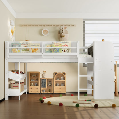 Full loft bed with multi-storage bookcases and drawers in white, kid-friendly play space on Tampa Home & Garden Store