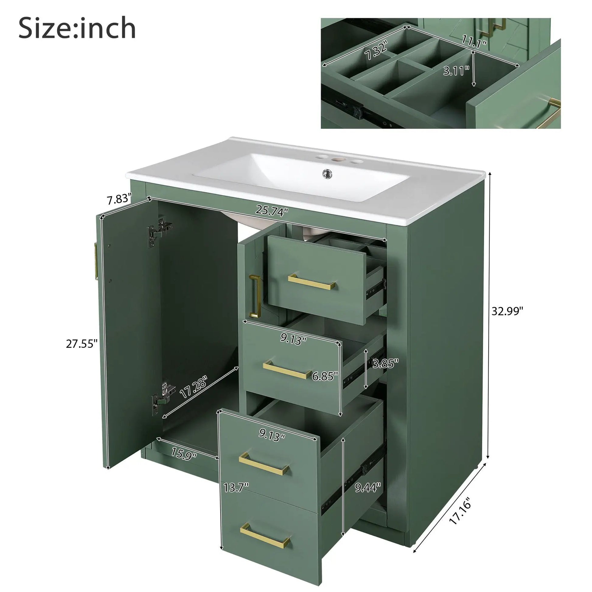 Bathroom vanity with sink in green finish, 3 drawers and soft-close doors on Tampa Home & Garden Store
