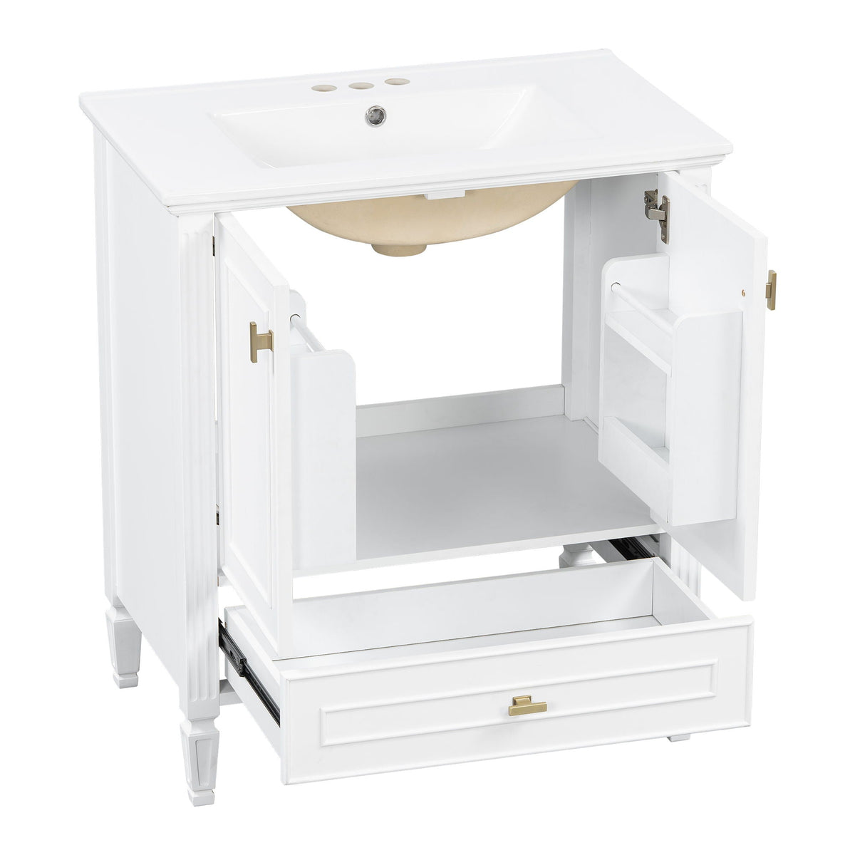 Freestanding vanity with drawer and soft-close doors, white finish, integrated sink, brass hardware on Tampa Home & Garden Store