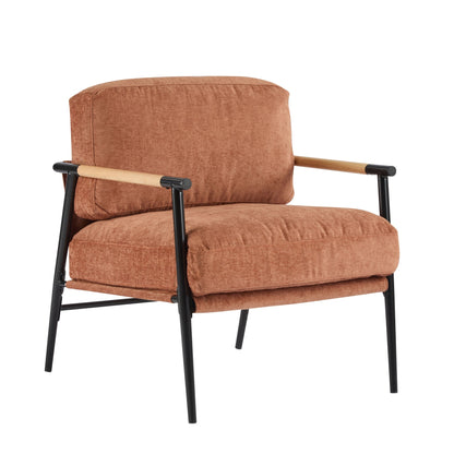 Modern Accent Chair with plush rust-colored cushions and wooden armrests on Tampa Home & Garden Store
