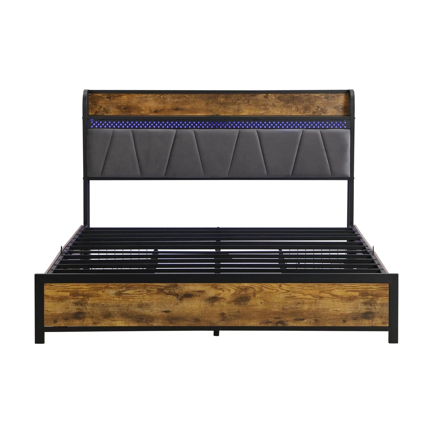 Contemporary storage bed frame with wood headboard, tufted panel and purple LED accents on Tampa Home & Garden Store