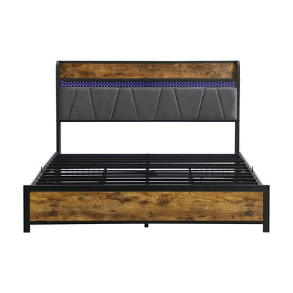 Contemporary storage bed frame with wood headboard, tufted panel and purple LED accents on Tampa Home & Garden Store