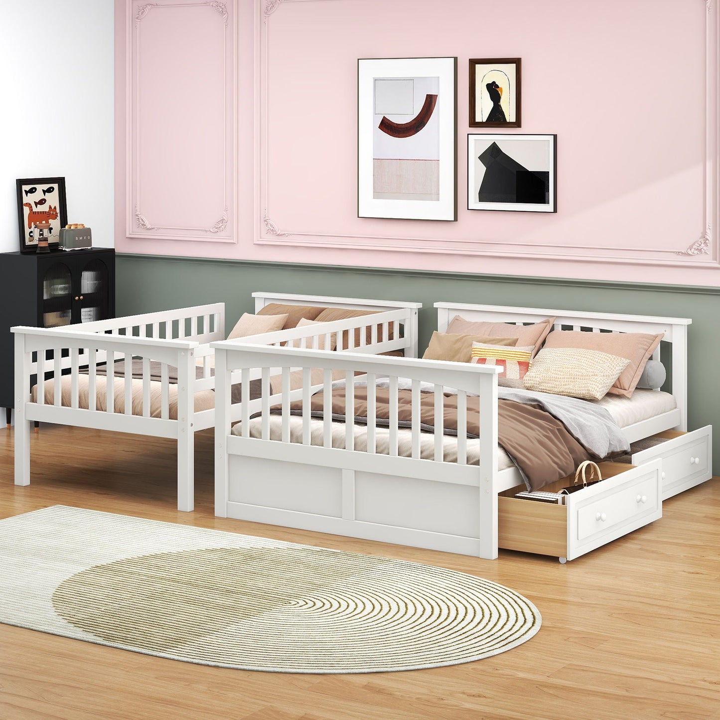 Bunk bed with drawers by HouseOfZazla, white twin frames, under-bed storage, 2-unit set on Tampa Home & Garden Store