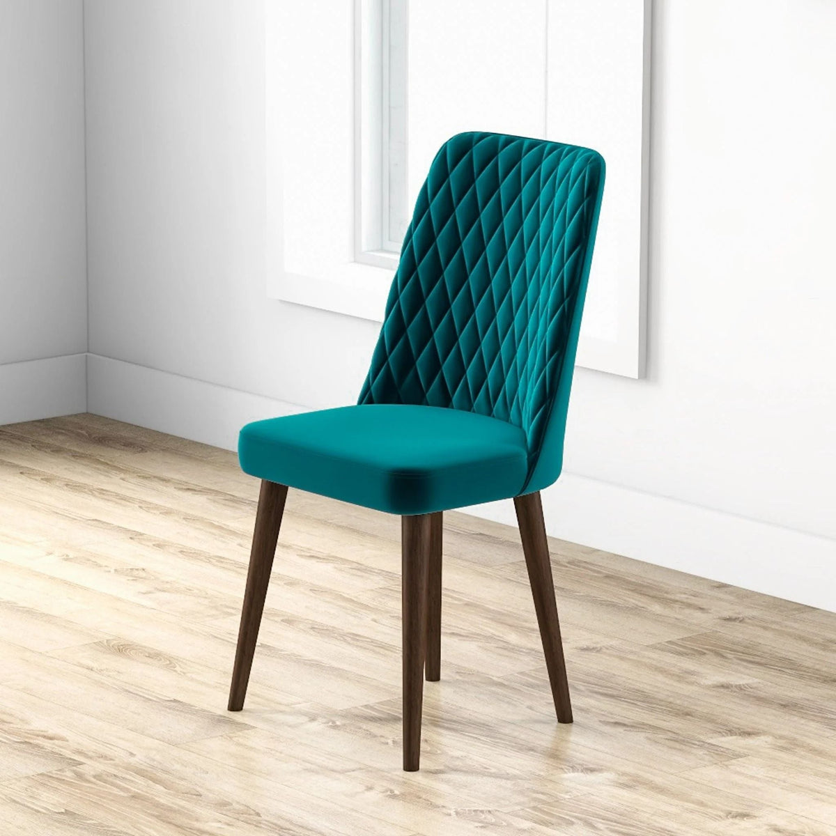 Mid-Century Modern dining chair set of 2 with teal quilted upholstery and dark wood legs on Tampa Home & Garden Store